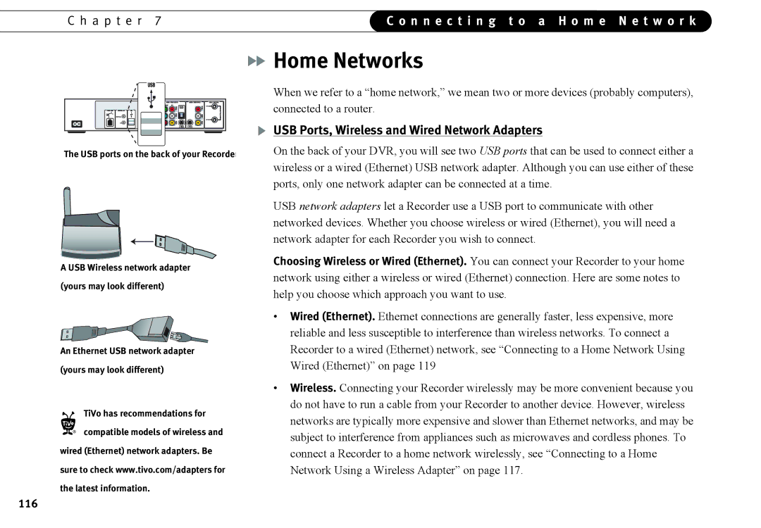 Humax 525p manual Home Networks, USB Ports, Wireless and Wired Network Adapters, TiVo has recommendations for 