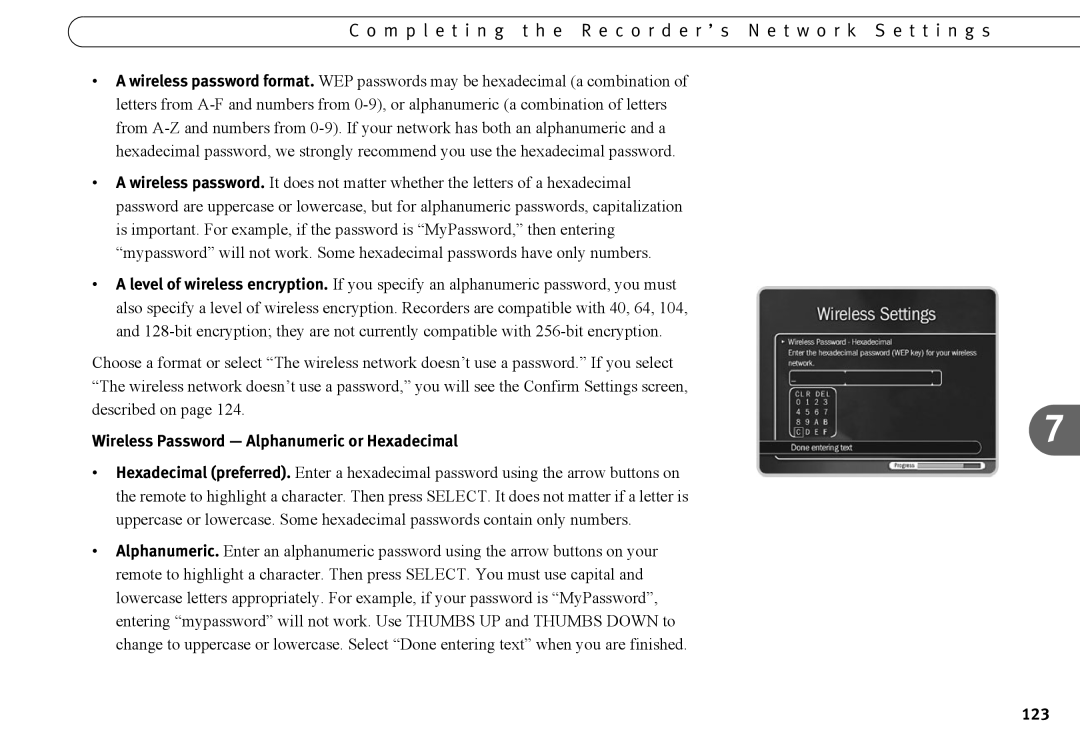 Humax 525p manual Wireless Password Alphanumeric or Hexadecimal, 123 