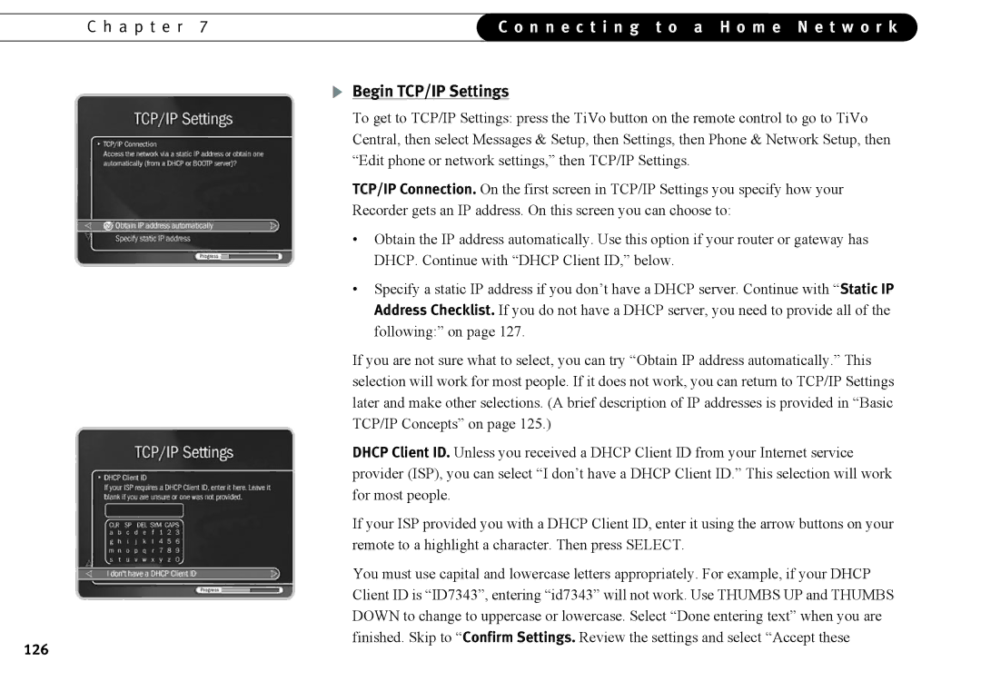 Humax 525p manual Begin TCP/IP Settings, 126 