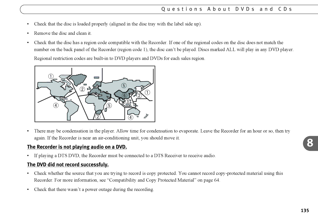 Humax 525p manual E s t i o n s a b o u t D V D s a n d C D s, Recorder is not playing audio on a DVD, 135 
