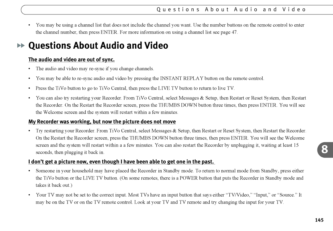 Humax 525p manual Questions About Audio and Video, E s t i o n s a b o u t a u d i o a n d V i d e o, 145 