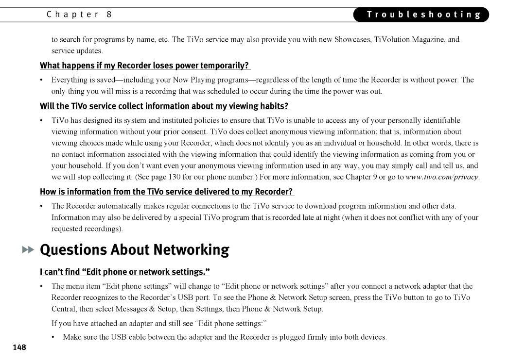 Humax 525p manual Questions About Networking, What happens if my Recorder loses power temporarily?, 148 