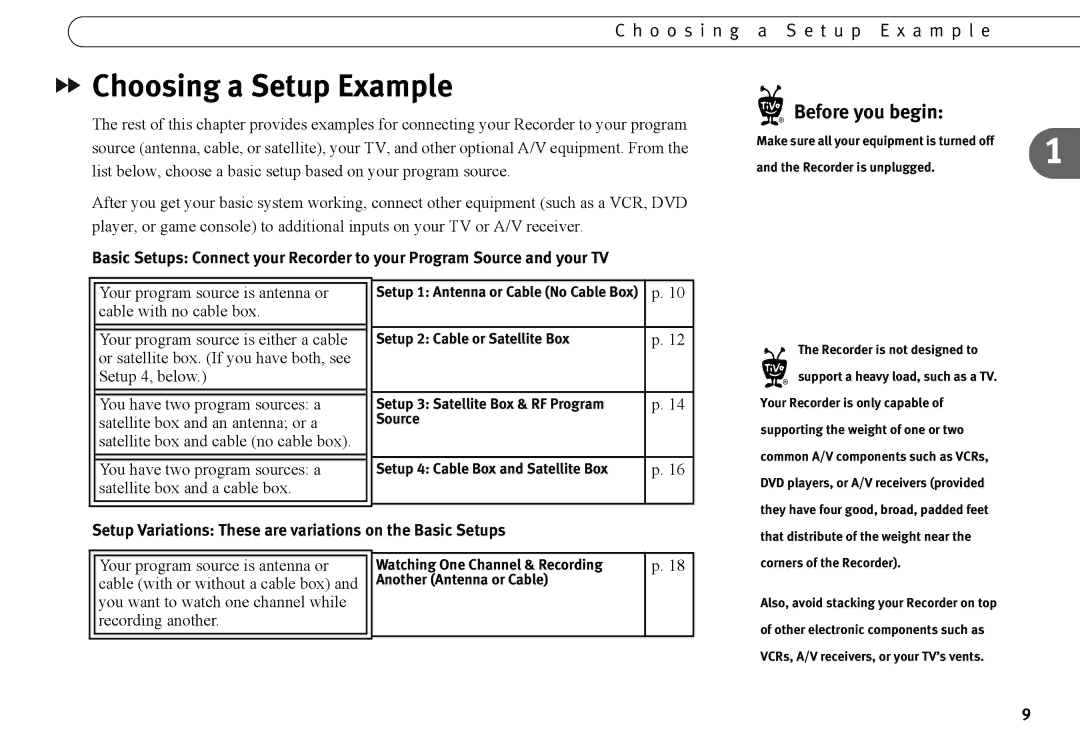 Humax 525p manual Choosing a Setup Example, O o s i n g a S e t u p E x a m p l e, Recorder is unplugged 