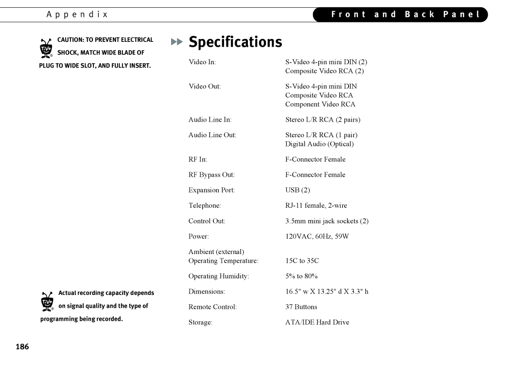 Humax 525p manual Specifications, Actual recording capacity depends 