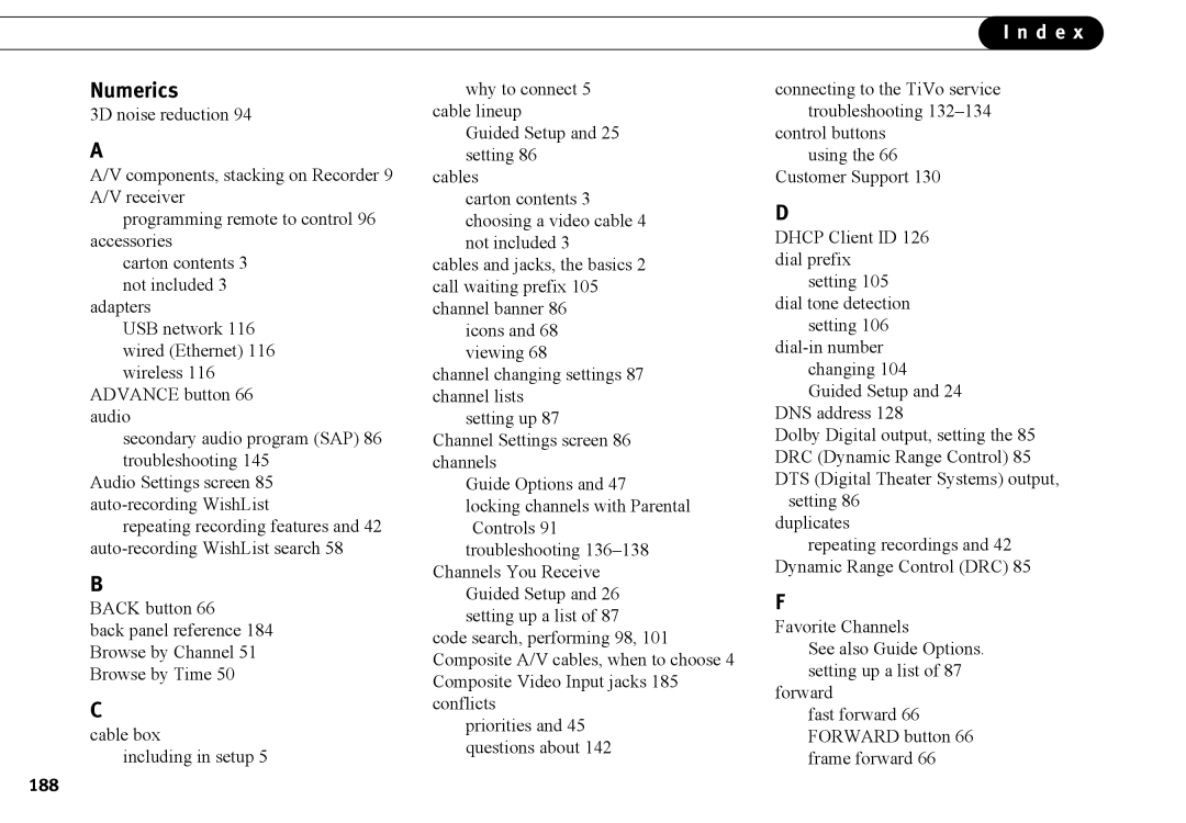 Humax 525p manual Numerics, 188 