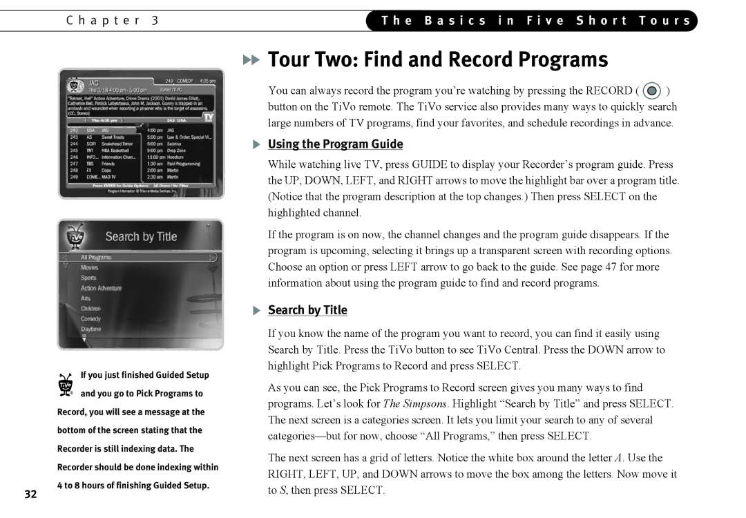 Humax 525p Tour Two Find and Record Programs, Using the Program Guide, Search by Title, If you just finished Guided Setup 