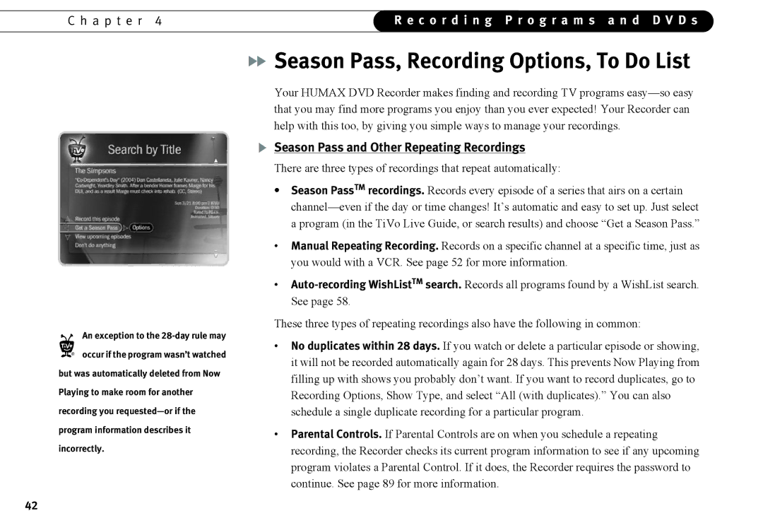 Humax 525p manual Season Pass, Recording Options, To Do List, Season Pass and Other Repeating Recordings 