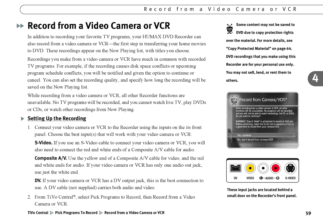 Humax 525p Record from a Video Camera or VCR, C o r d f r o m a V i d e o C a m e r a o r V C R, Setting Up the Recording 