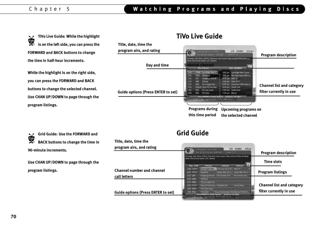 Humax 525p TiVo Live Guide While the highlight, Title, date, time Program airs, and rating, Day and time, Selected channel 