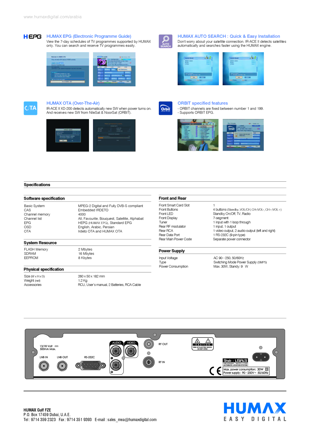 Humax Black/XD-200 Specifications Software specification, System Resource, Physical specification, Front and Rear 