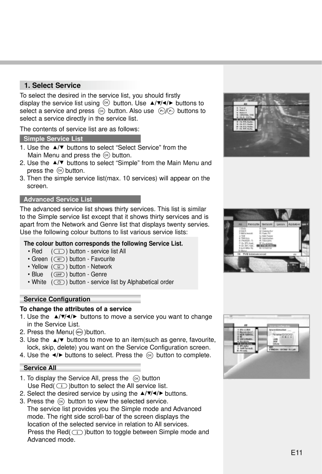 Humax CI-5100C manual E11, Simple Service List, Advanced Service List 