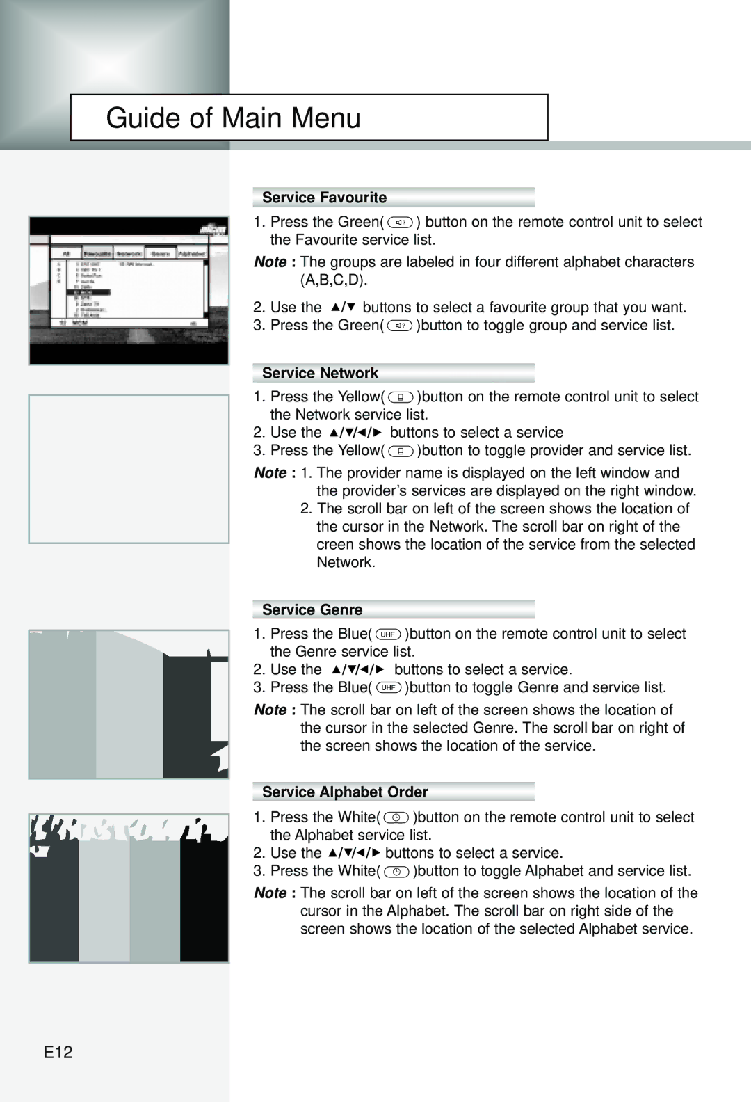 Humax CI-5100C manual E12, Service Favourite, Service Network, Service Genre, Service Alphabet Order 