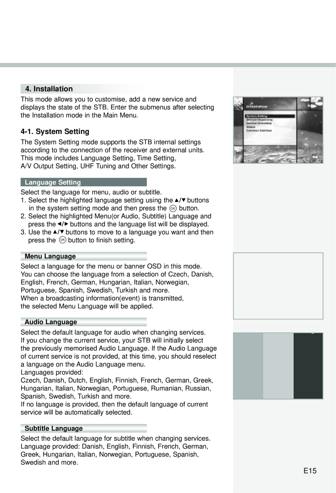 Humax CI-5100C manual System Setting, E15, Language Setting 