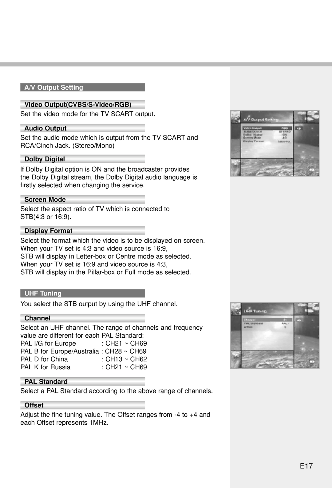 Humax CI-5100C manual E17, Output Setting, UHF Tuning 