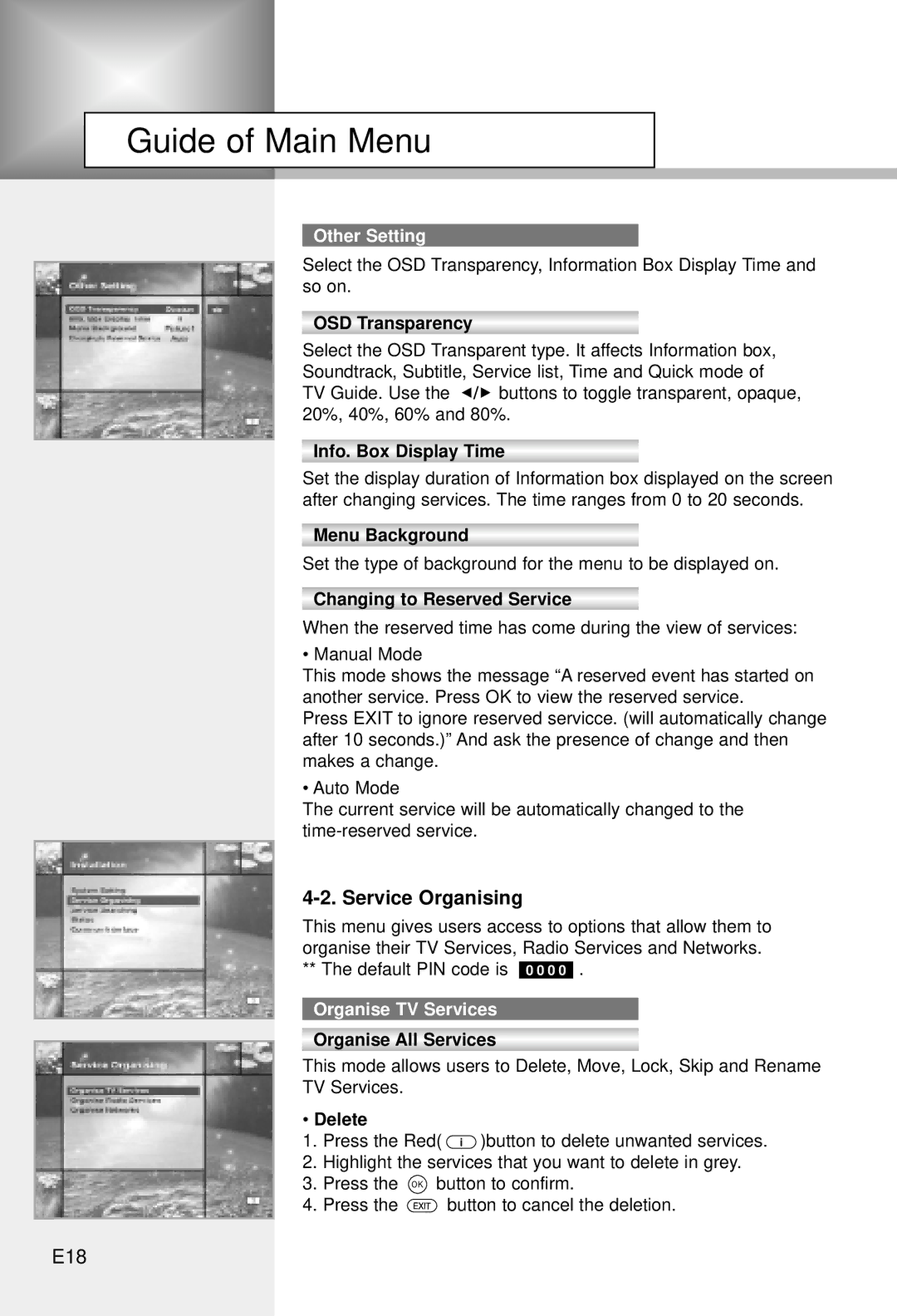 Humax CI-5100C manual Service Organising, E18, Other Setting, Organise TV Services 