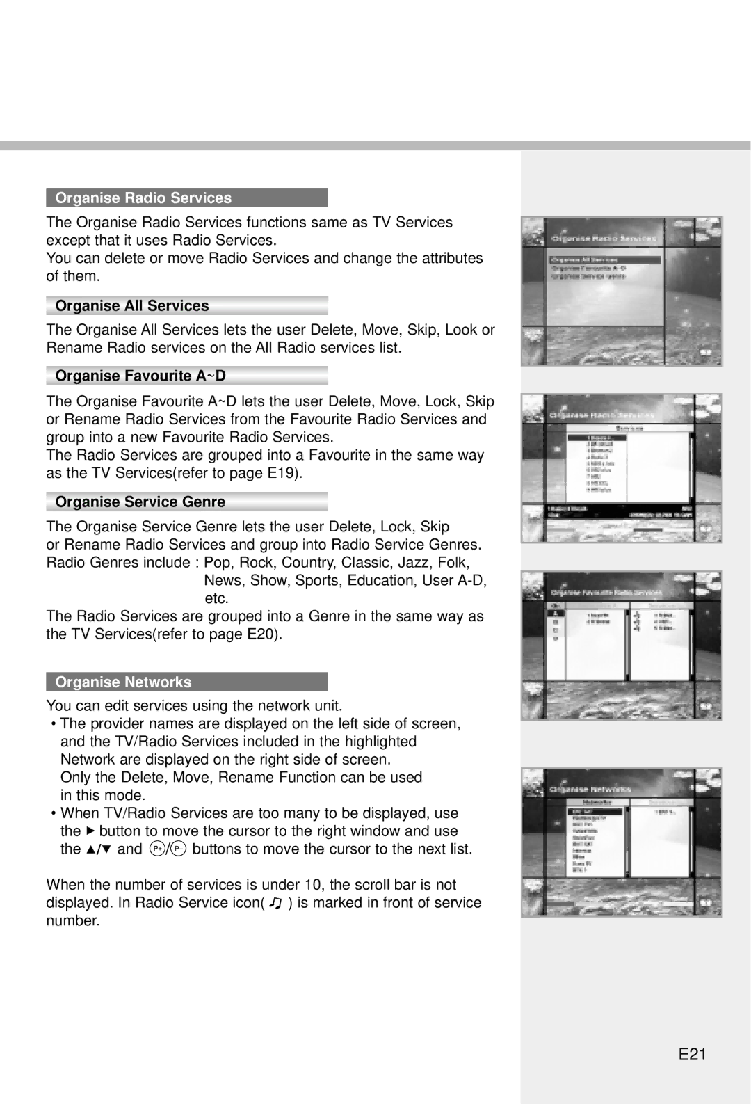 Humax CI-5100C manual E21, Organise Radio Services, Organise Networks, You can edit services using the network unit 