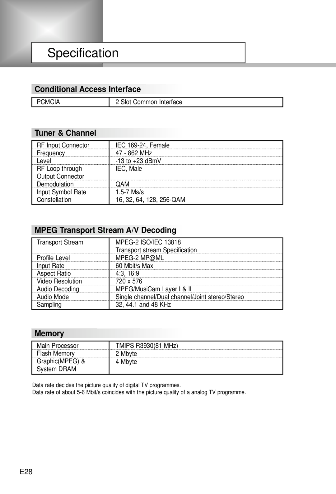 Humax CI-5100C manual Specification, E28 