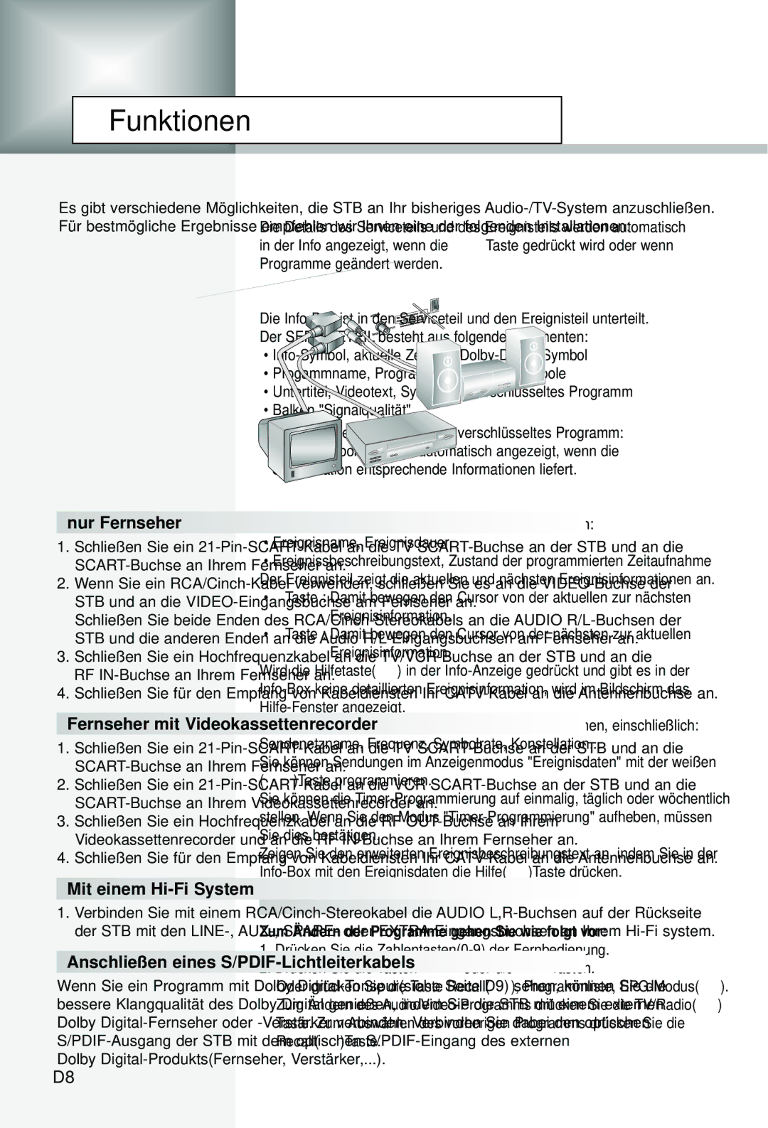 Humax CI-5100C manual Funktionen, InformationsboxInfo-Box, Programme ändern, SERVICETEILlinke Seite der Box 