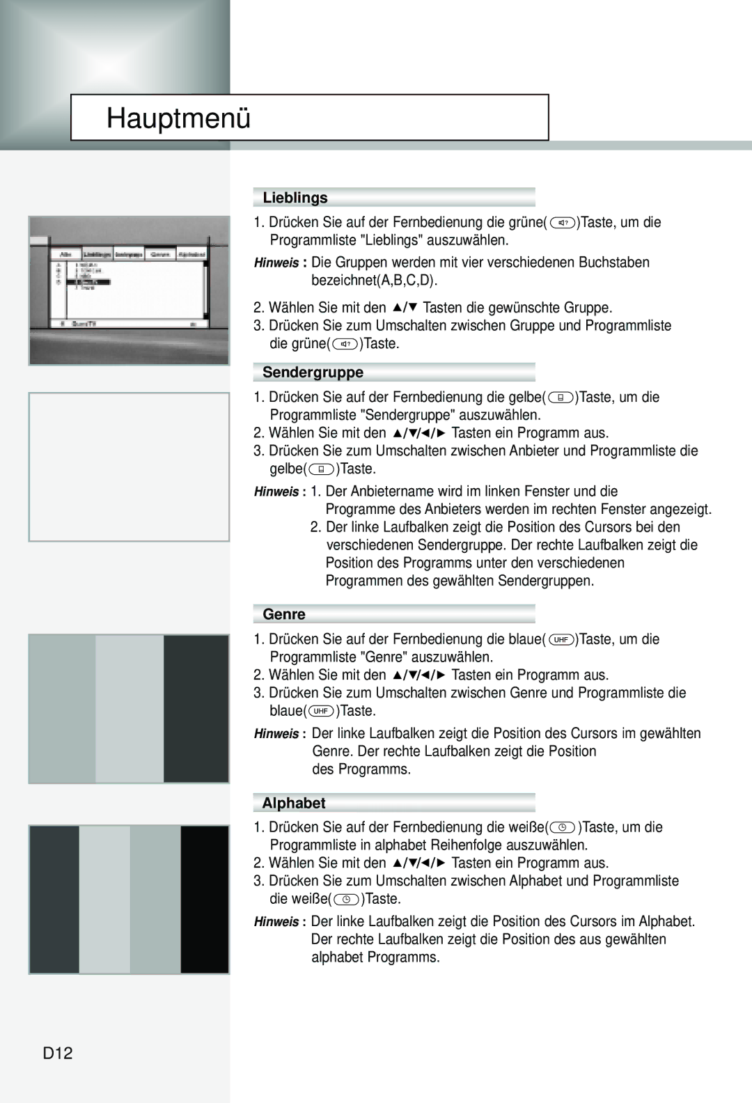 Humax CI-5100C manual D12, Lieblings, Sendergruppe, Genre, Alphabet 