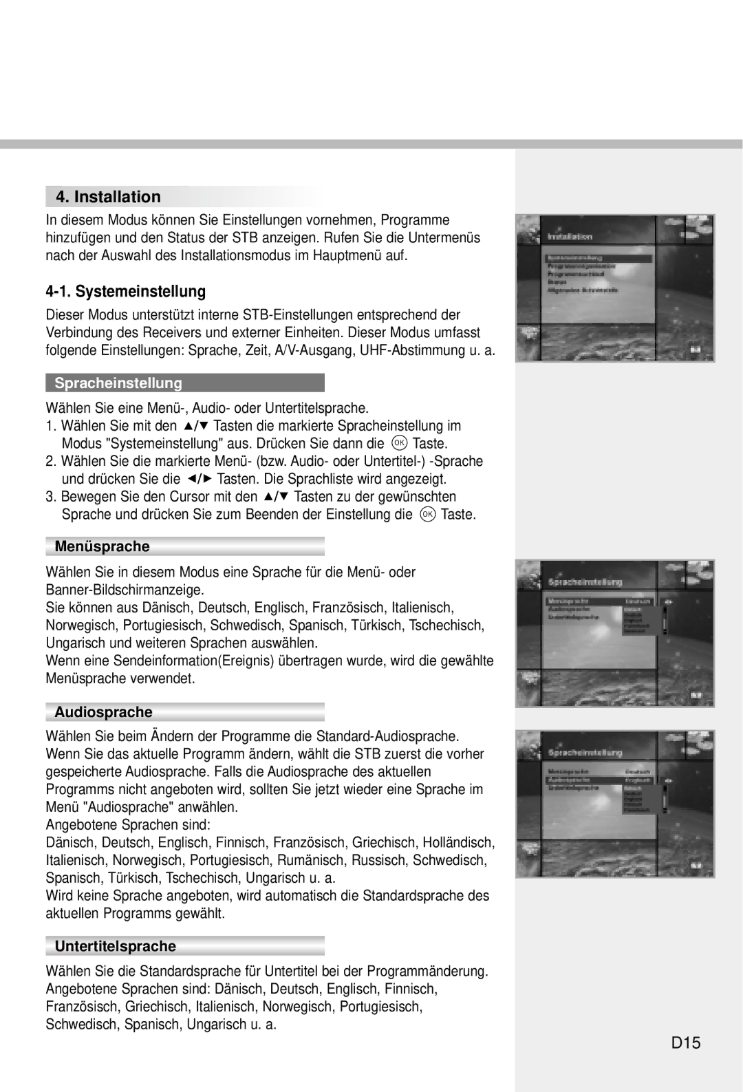 Humax CI-5100C manual Systemeinstellung, D15, Spracheinstellung 