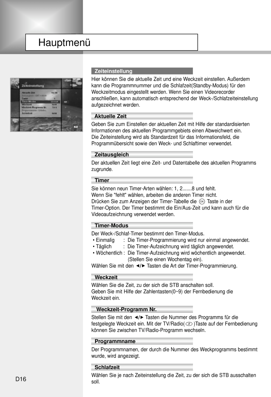 Humax CI-5100C manual D16, Zeiteinstellung 