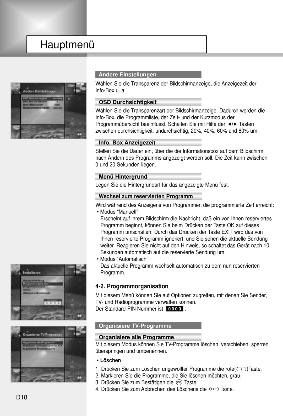 Humax CI-5100C manual Programmorganisation, D18, Andere Einstellungen, Organisiere TV-Programme 