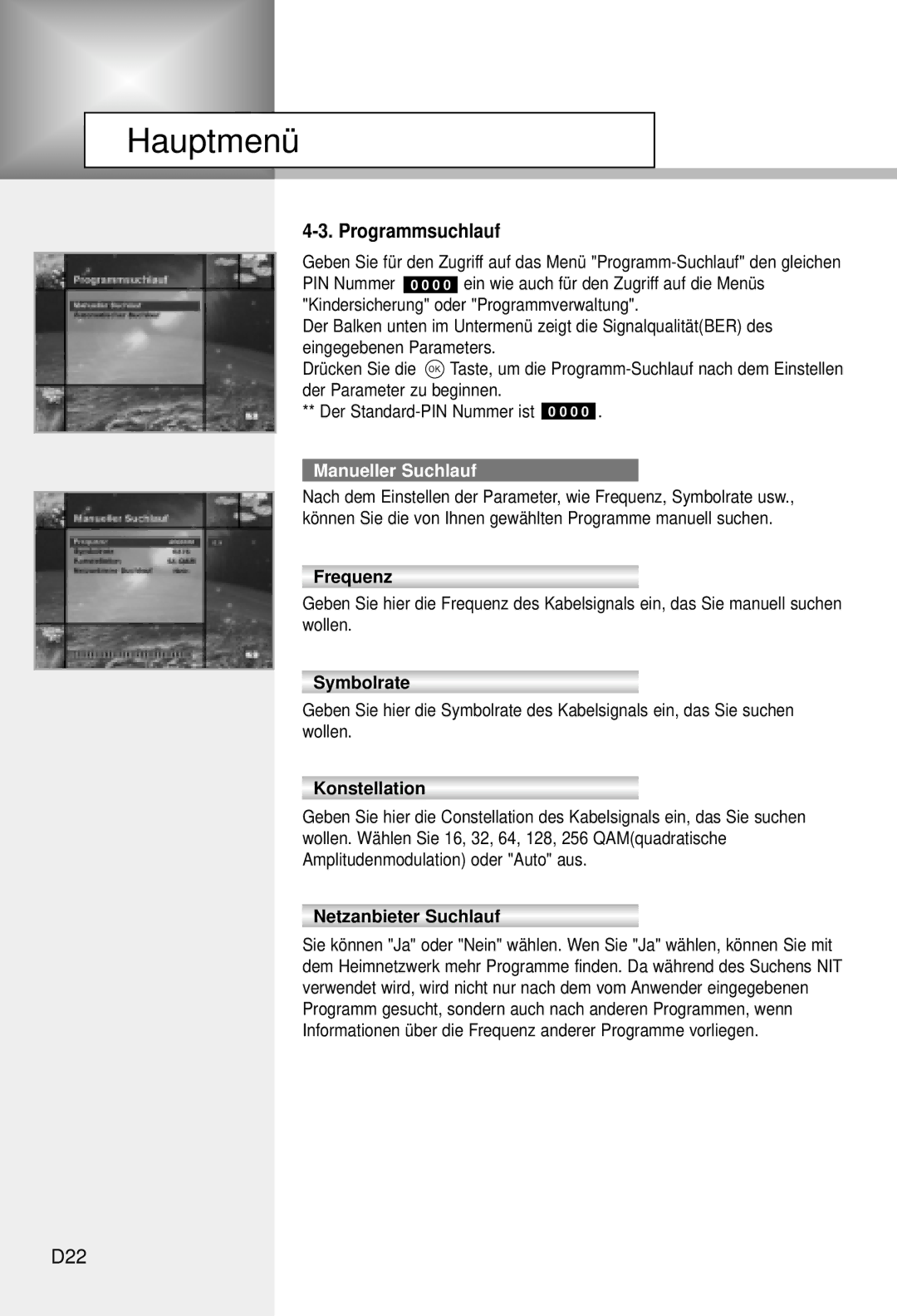 Humax CI-5100C manual Programmsuchlauf, D22, Manueller Suchlauf 