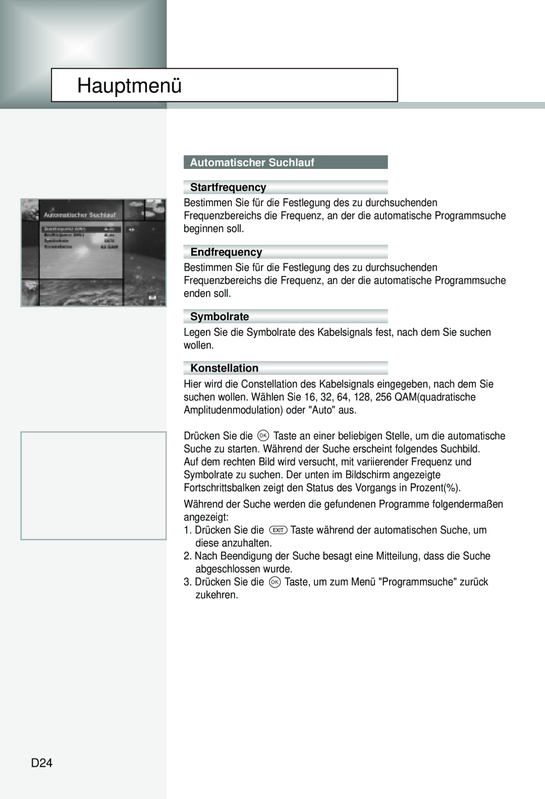 Humax CI-5100C manual D24, Automatischer Suchlauf, Startfrequency, Endfrequency 