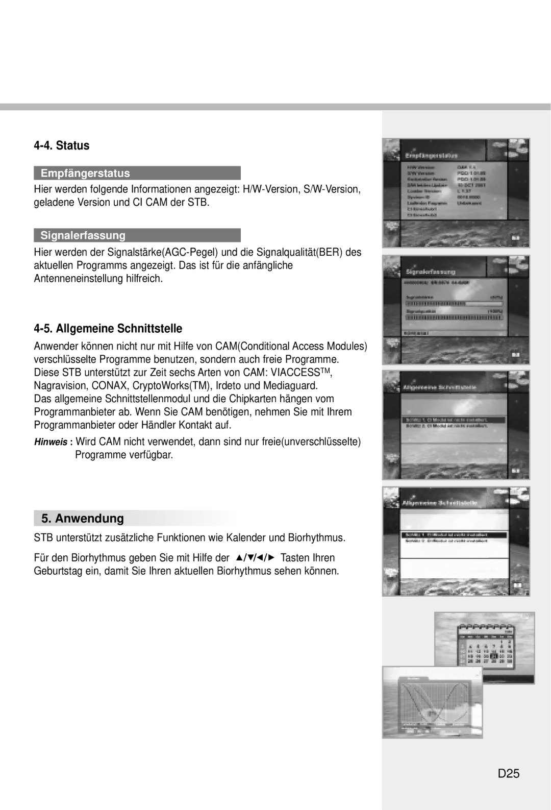 Humax CI-5100C manual Allgemeine Schnittstelle, D25, Empfängerstatus, Signalerfassung 