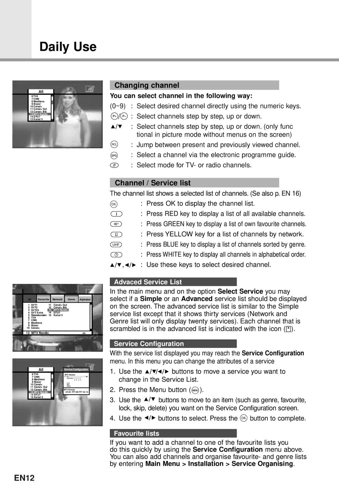 Humax CI-5100T user manual Daily Use, EN12, Changing channel, Channel / Service list 