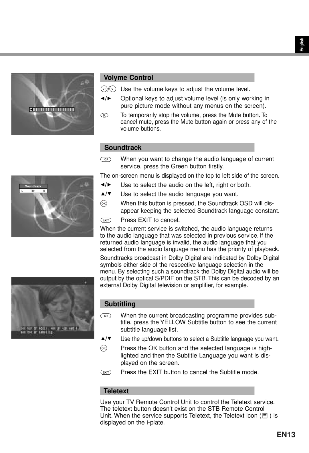 Humax CI-5100T user manual EN13, Volyme Control, Soundtrack, Subtitling, Teletext 