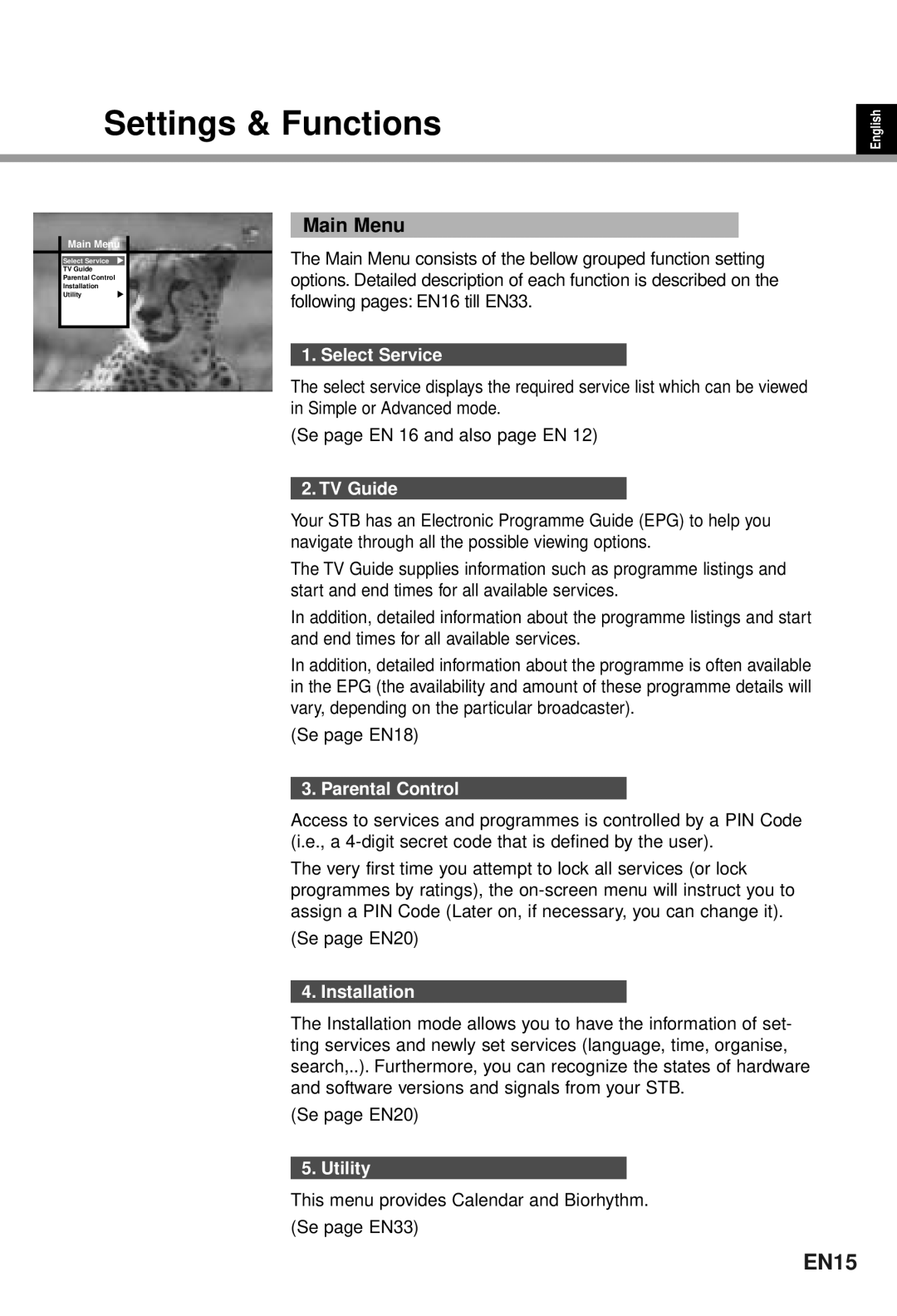 Humax CI-5100T user manual Settings & Functions, EN15, Main Menu 