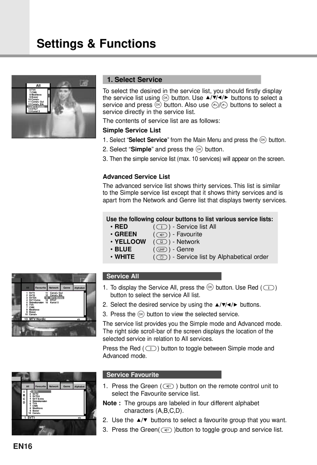 Humax CI-5100T user manual EN16, Select Service, Service All, Service Favourite 