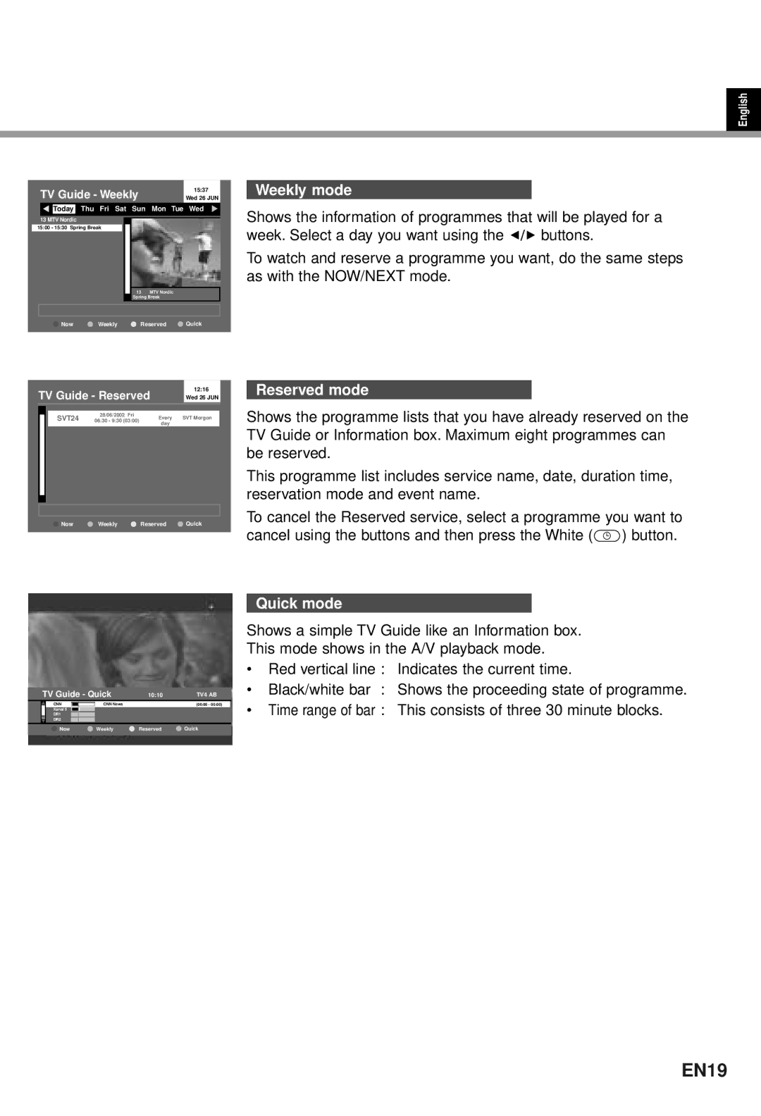 Humax CI-5100T user manual EN19, Weekly mode, Reserved mode, Quick mode 