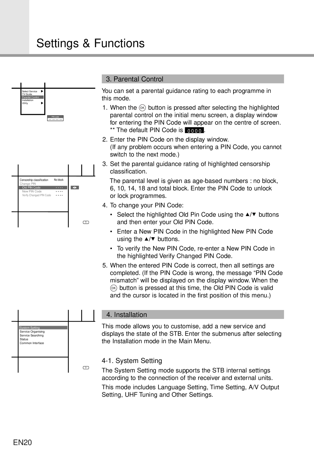 Humax CI-5100T user manual EN20, Parental Control, Installation, System Setting 