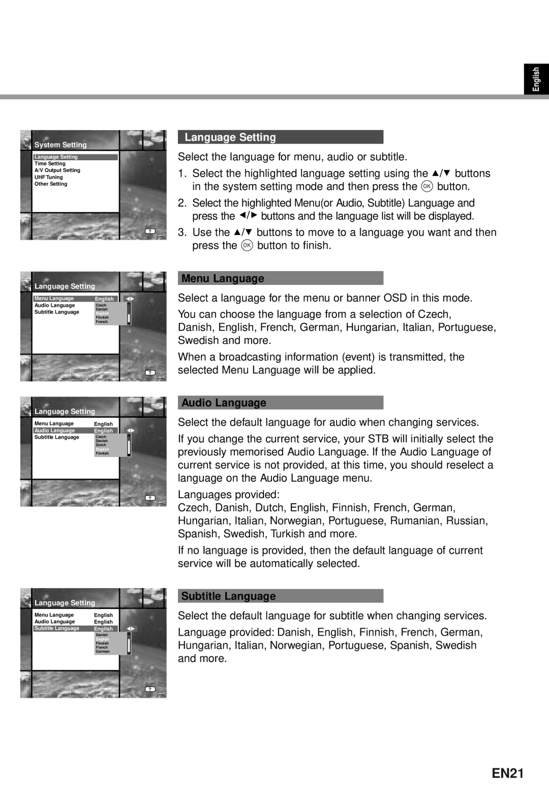 Humax CI-5100T user manual EN21, Language Setting, Menu Language, Audio Language, Subtitle Language 