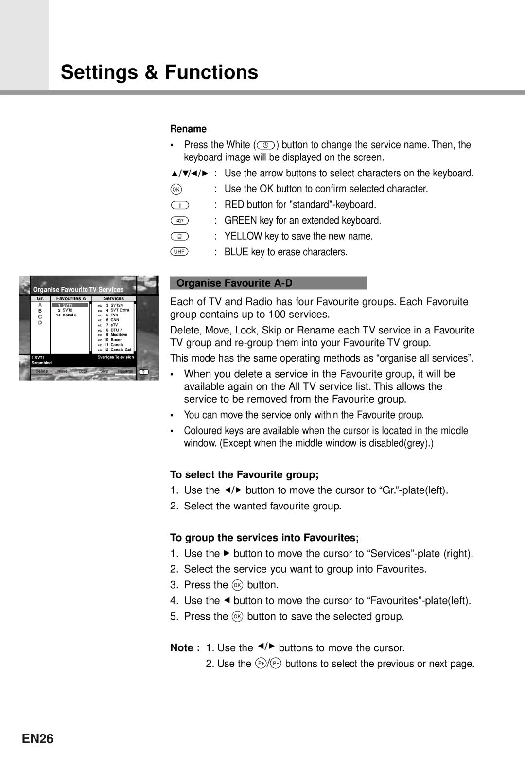 Humax CI-5100T EN26, Rename, Organise Favourite A-D, To select the Favourite group, To group the services into Favourites 
