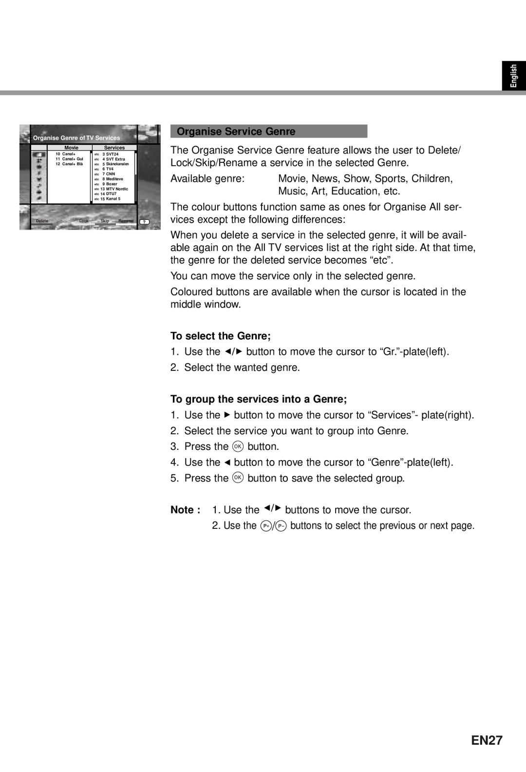 Humax CI-5100T user manual EN27, Organise Service Genre, To select the Genre, To group the services into a Genre 