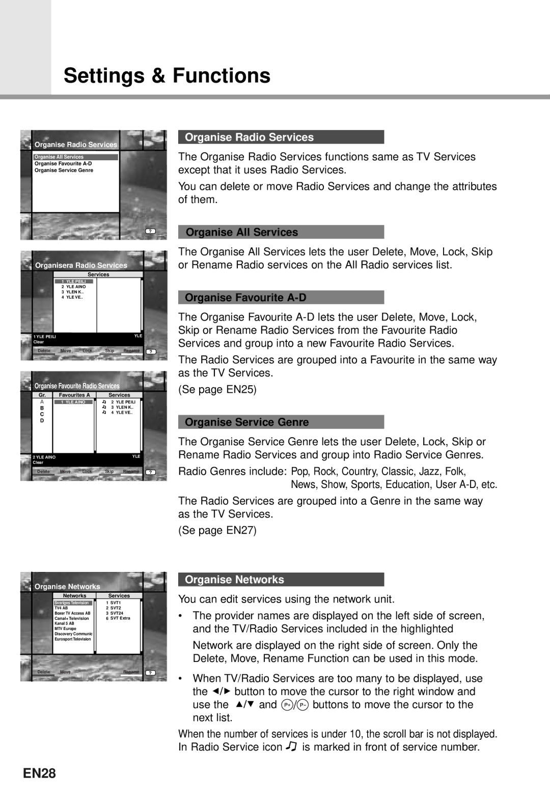 Humax CI-5100T user manual EN28, Organise Radio Services, Organise Networks 