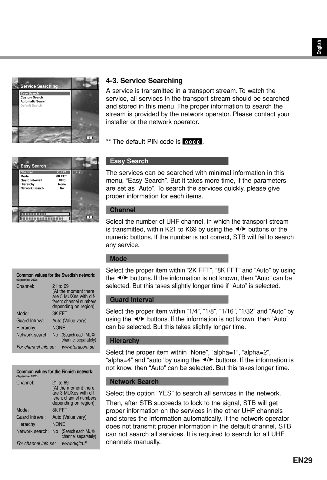 Humax CI-5100T user manual EN29, Service Searching, Easy Search 