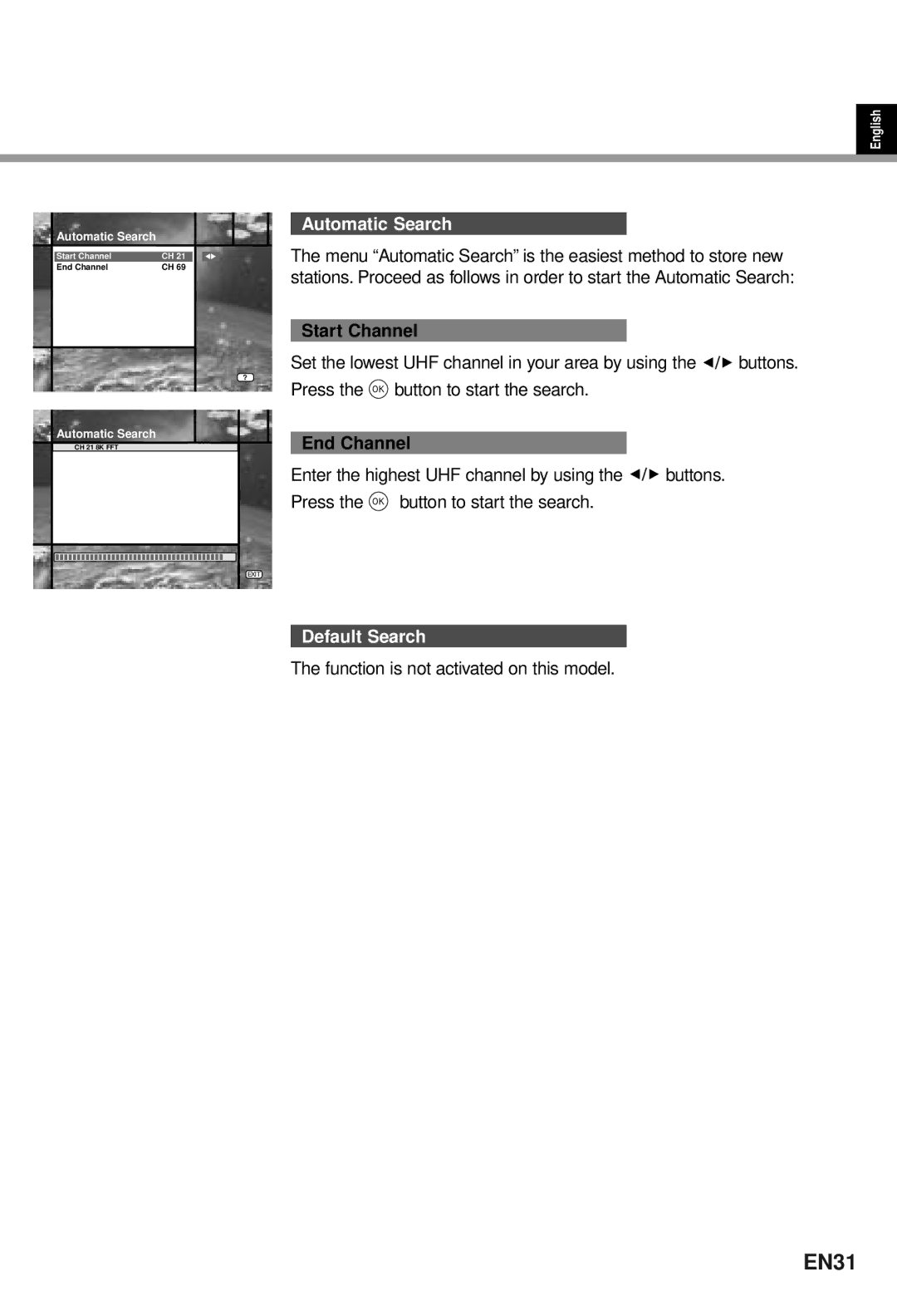 Humax CI-5100T user manual EN31, Automatic Search, Start Channel, End Channel, Default Search 