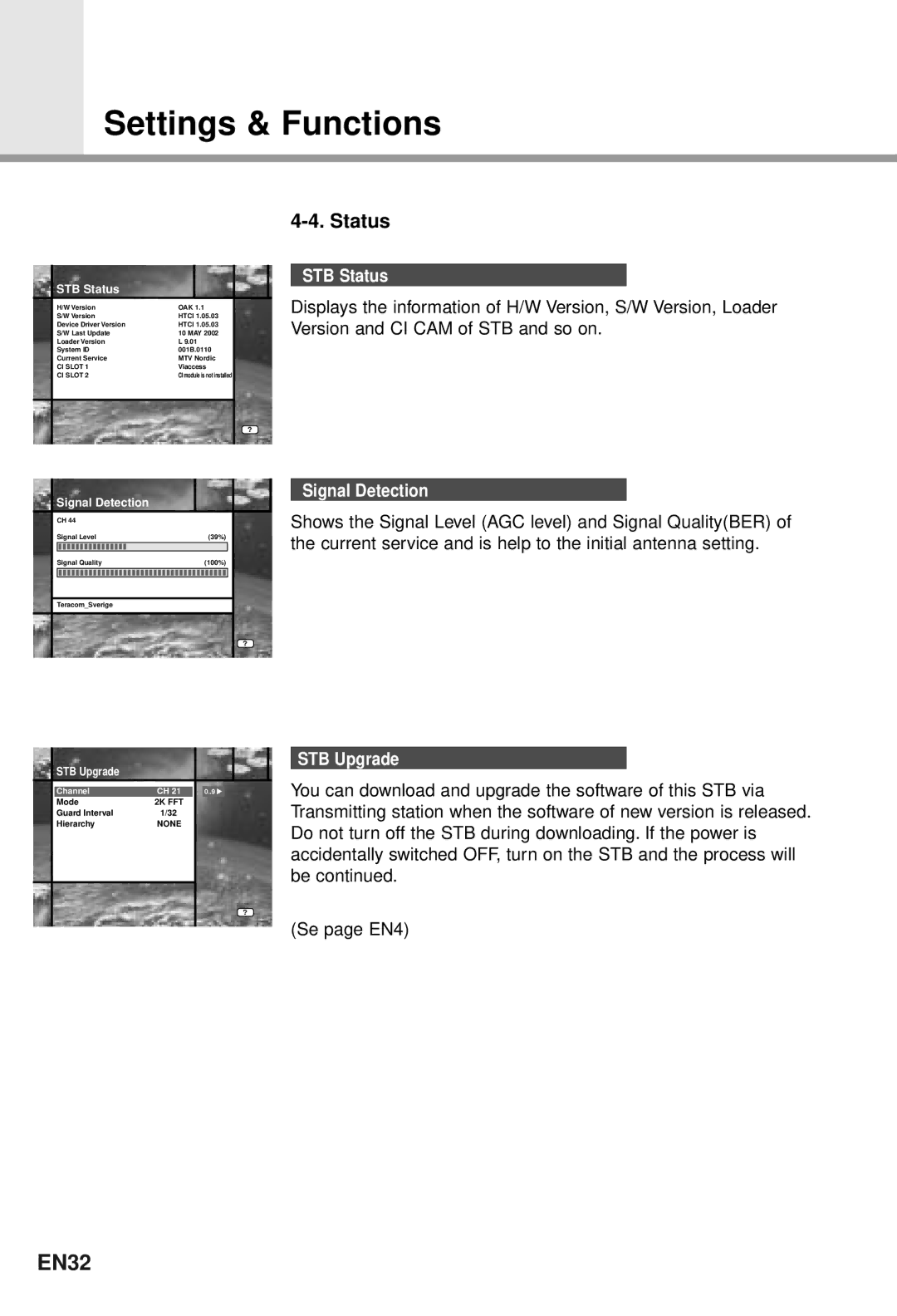 Humax CI-5100T user manual EN32, STB Status, Signal Detection, STB Upgrade 