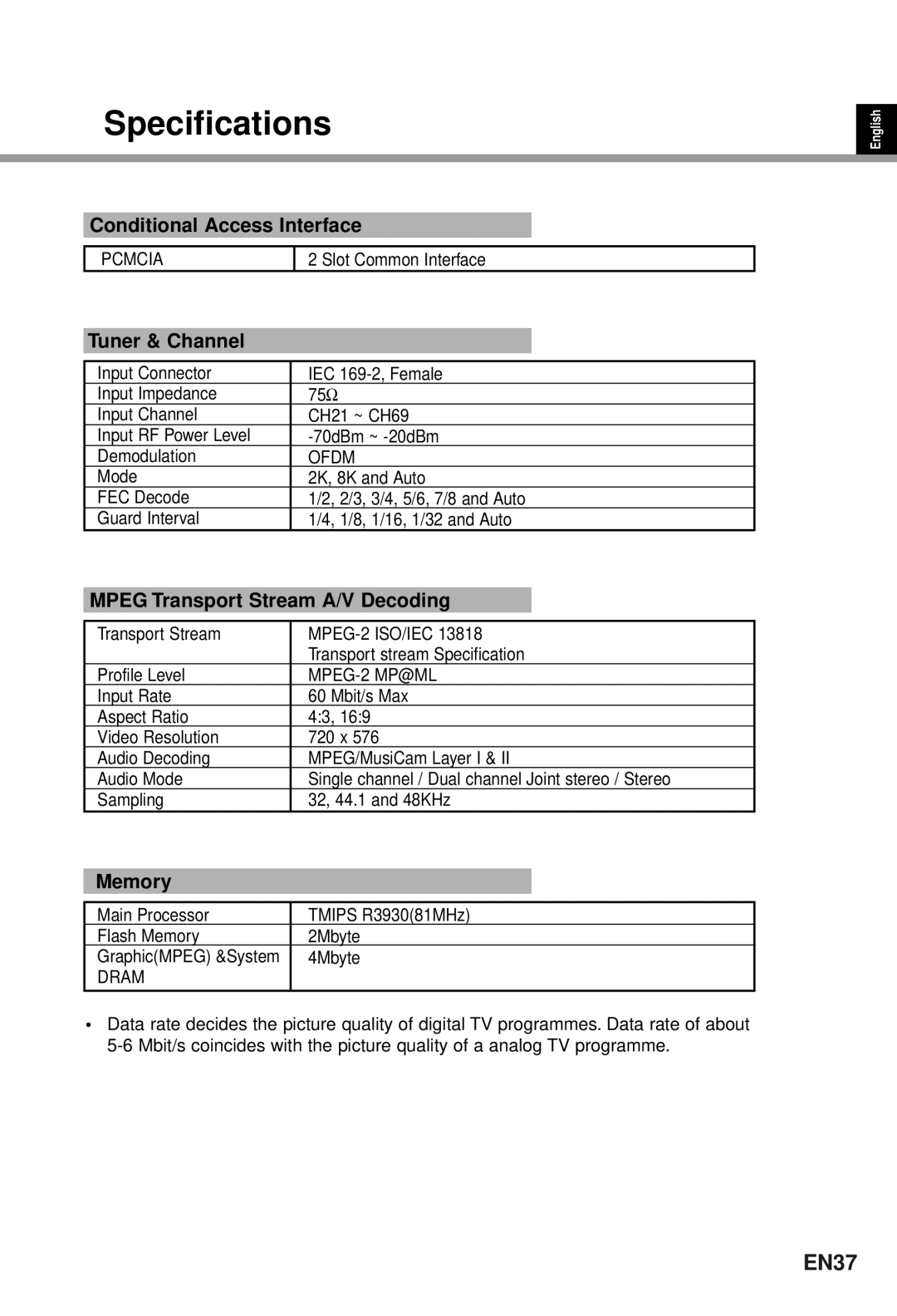 Humax CI-5100T user manual Specifications, EN37 