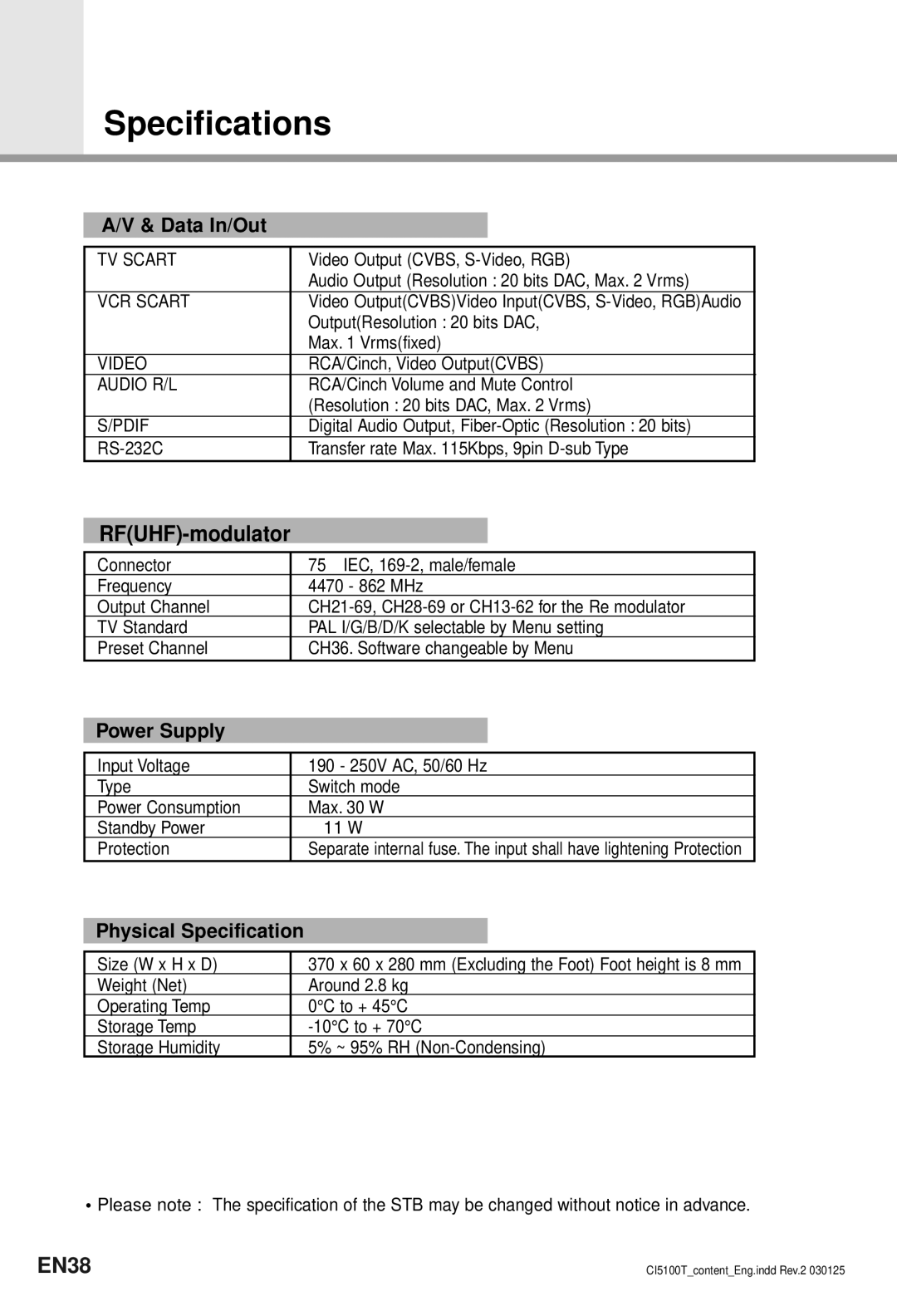 Humax CI-5100T user manual EN38, Data In/Out, Power Supply, Physical Specification 