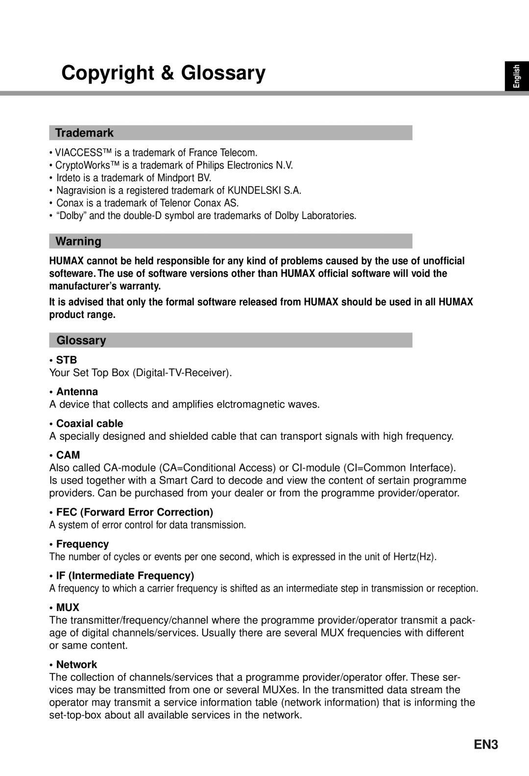 Humax CI-5100T user manual Copyright & Glossary, Trademark 