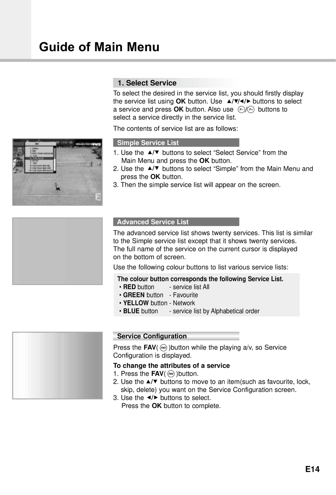 Humax CI-5100X manual Guide of Main Menu, E14, Simple Service List, Advanced Service List 