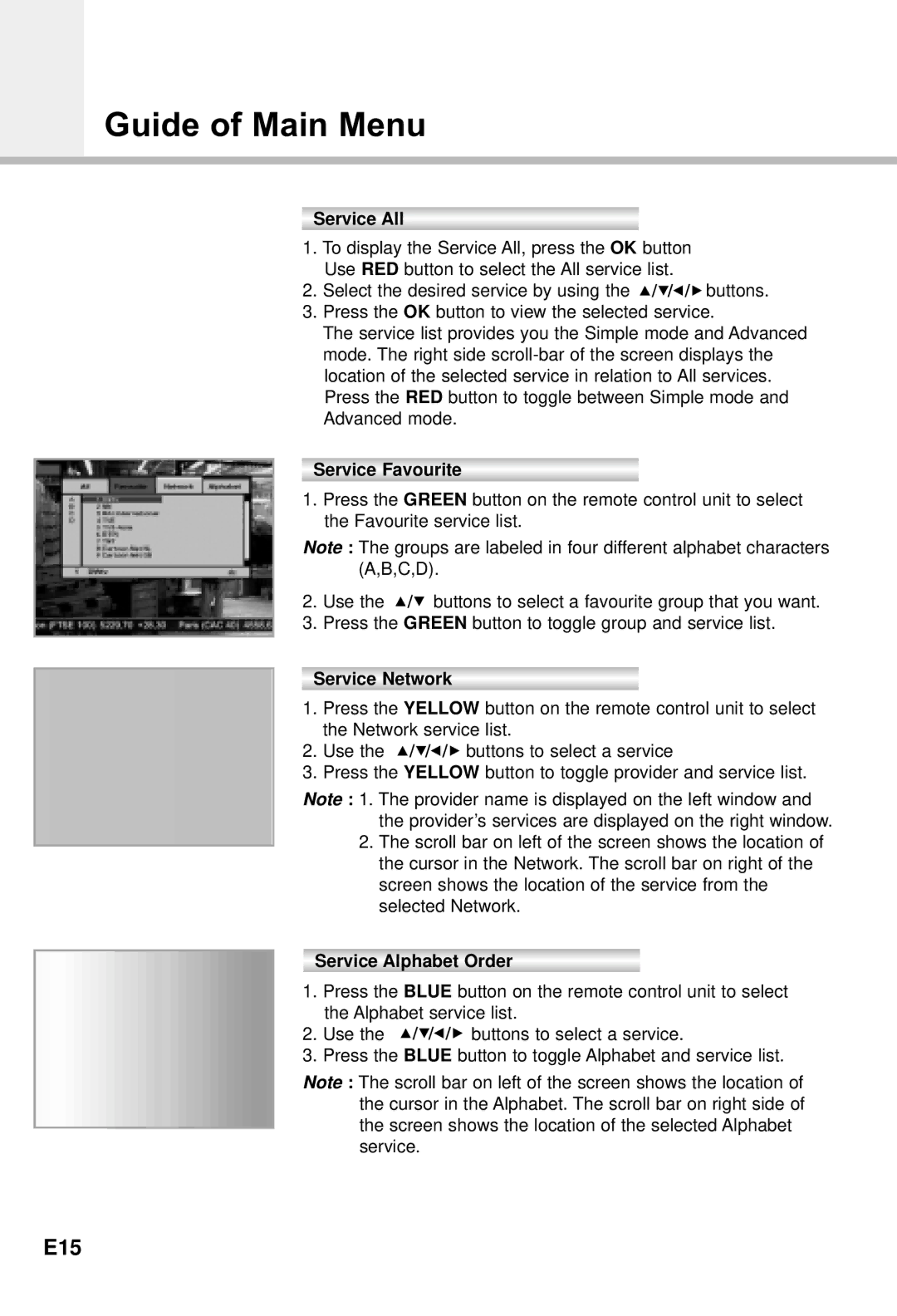Humax CI-5100X manual E15, Service All, Service Favourite, Service Network, Service Alphabet Order 