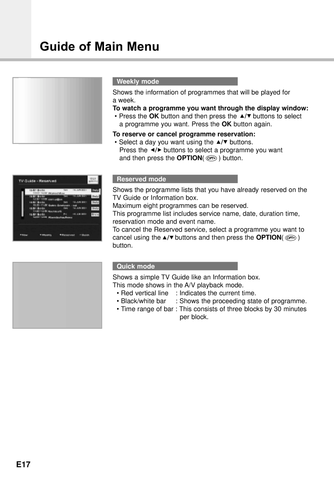 Humax CI-5100X manual E17, Weekly mode, To reserve or cancel programme reservation, Reserved mode, Quick mode 