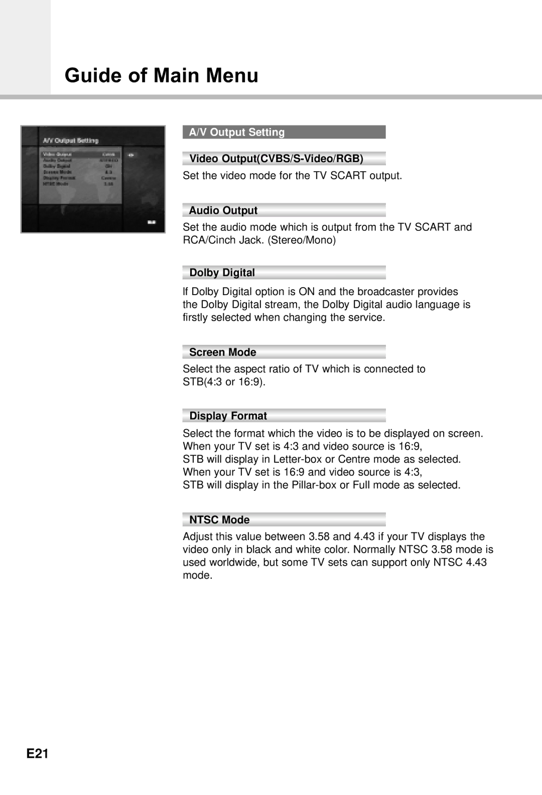 Humax CI-5100X manual E21, Output Setting 