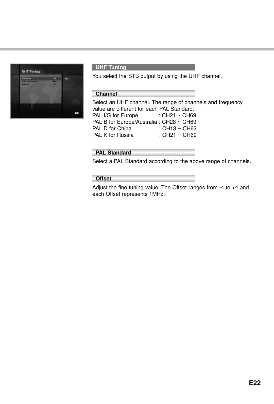 Humax CI-5100X manual E22, UHF Tuning, Channel, PAL Standard, Offset 